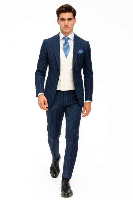 Men'S 2 Button Chalk Bold Stripe ~ Pinstripe Blue Shawl Collar 1920'S 30'S Fashion Vintage Patterns No Vest Included Suit