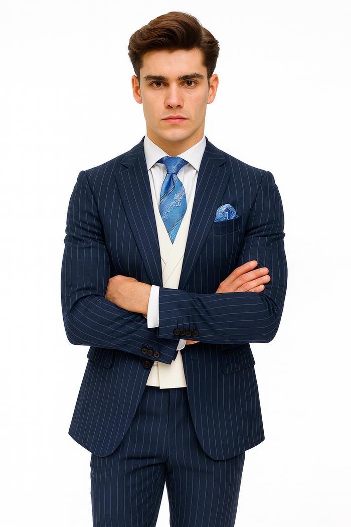 Men'S 2 Buttons Chalk Bold Stripe ~ Pinstripe Blue Shawl Collar 1920'S 30'S Fashion Vintage Pattern No Vest Included Suit - Image 4