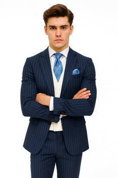 Men'S 2 Buttons Chalk Bold Stripe ~ Pinstripe Blue Shawl Collar 1920'S 30'S Fashion Vintage Pattern No Vest Included Suit - Image 4