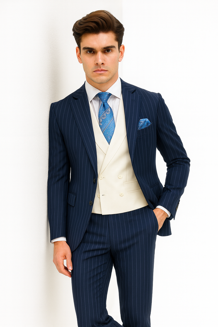 Men'S 2 Buttons Chalk Bold Stripe ~ Pinstripe Blue Shawl Collar 1920'S 30'S Fashion Vintage Pattern No Vest Included Suit - Image 3