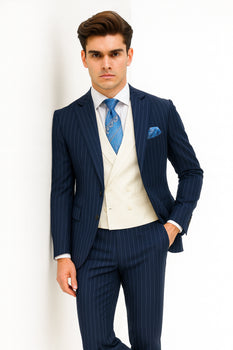 Men'S 2 Buttons Chalk Bold Stripe ~ Pinstripe Blue Shawl Collar 1920'S 30'S Fashion Vintage Pattern No Vest Included Suit - Image 3