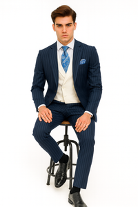 Men'S 2 Buttons Chalk Bold Stripe ~ Pinstripe Blue Shawl Collar 1920'S 30'S Fashion Vintage Pattern No Vest Included Suit