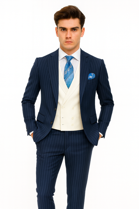 Men'S 2 Button Chalk Bold Stripe ~ Pinstripe Blue Shawl Collar 1920'S 30'S Fashion Vintage Patterns No Vest Included Suit