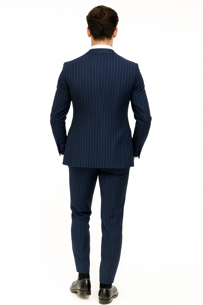 Men'S 2 Buttons Chalk Bold Stripe ~ Pinstripe Blue Shawl Collar 1920'S 30'S Fashion Vintage Pattern No Vest Included Suit - Image 8