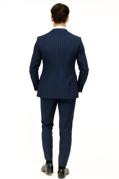 Men'S 2 Buttons Chalk Bold Stripe ~ Pinstripe Blue Shawl Collar 1920'S 30'S Fashion Vintage Pattern No Vest Included Suit - Image 8