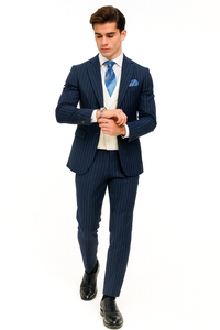 Men'S 2 Buttons Chalk Bold Stripe ~ Pinstripe Blue Shawl Collar 1920'S 30'S Fashion Vintage Pattern No Vest Included Suit