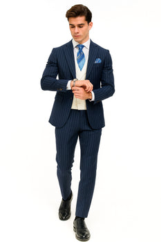 Men'S 2 Buttons Chalk Bold Stripe ~ Pinstripe Blue Shawl Collar 1920'S 30'S Fashion Vintage Pattern No Vest Included Suit - Image 7