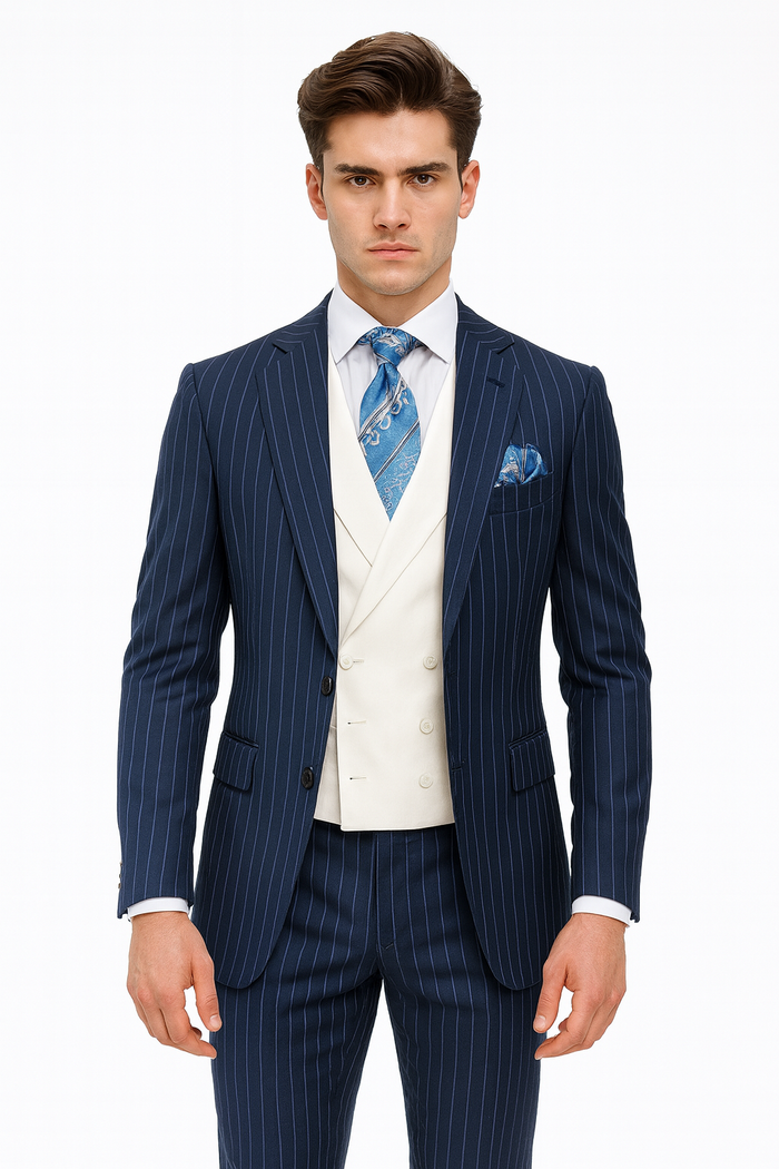 Men'S 2 Buttons Chalk Bold Stripe ~ Pinstripe Blue Shawl Collar 1920'S 30'S Fashion Vintage Pattern No Vest Included Suit