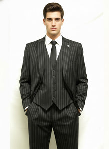 Men'S Black And White Gangster Bold PinStripe Mars Vested 3 Piece Fashion Suit
