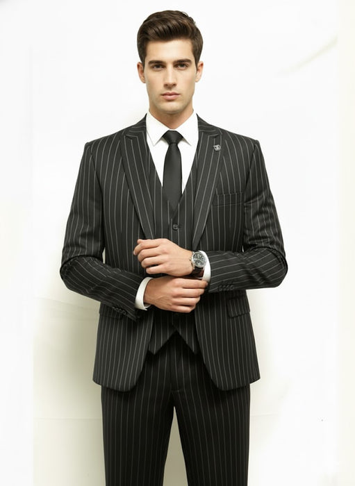 Men'S Black And White Gangster Bold PinStripe Mars Vested 3 Piece Fashion Suit