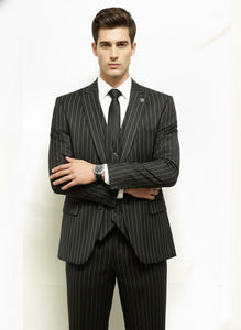 Men'S Black And White Gangster Bold PinStripe Mars Vested 3 Piece Fashion Suit