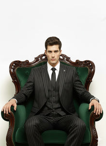 Men'S Black And White Gangster Bold PinStripe Mars Vested 3 Piece Fashion Suit