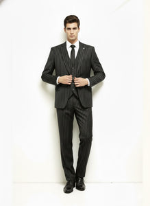 Men'S Black And White Gangster Bold PinStripe Mars Vested 3 Piece Fashion Suit