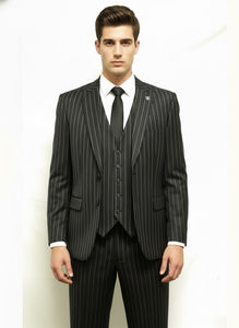 Men'S Black And White Gangster Bold PinStripe Mars Vested 3 Piece Fashion Suit