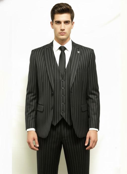Men'S Black And White Gangster Bold PinStripe Mars Vested 3 Piece Fashion Suit
