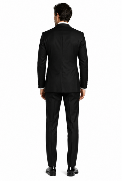 Men’s Black Double-Breasted Tuxedo – Classic Shawl Lapel Suit with Gold Buttons for Weddings, Galas, and Black Tie Events