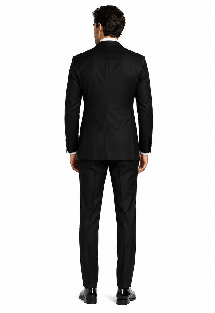 Men’s Black Double-Breasted Tuxedo – Classic Shawl Lapel Suit with Gold Buttons for Weddings, Galas, and Black Tie Events