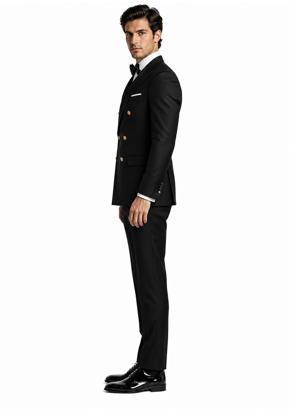 Men’s Black Double-Breasted Tuxedo – Classic Shawl Lapel Suit with Gold Buttons for Weddings, Galas, and Black Tie Events