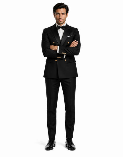 Men’s Black Double-Breasted Tuxedo – Classic Shawl Lapel Suit with Gold Buttons for Weddings, Galas, and Black Tie Events