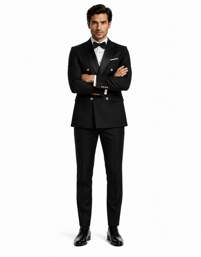 Men’s Black Double-Breasted Tuxedo – Classic Shawl Lapel Suit with Gold Buttons for Weddings, Galas, and Black Tie Events