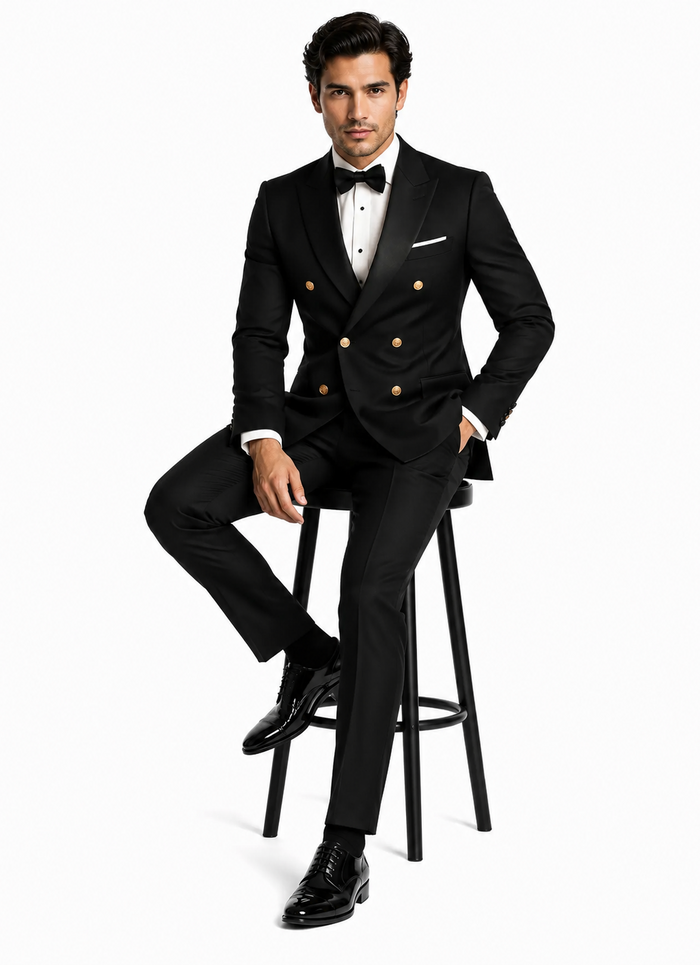 Men’s Black Double-Breasted Tuxedo – Classic Shawl Lapel Suit with Gold Buttons for Weddings, Galas, and Black Tie Events