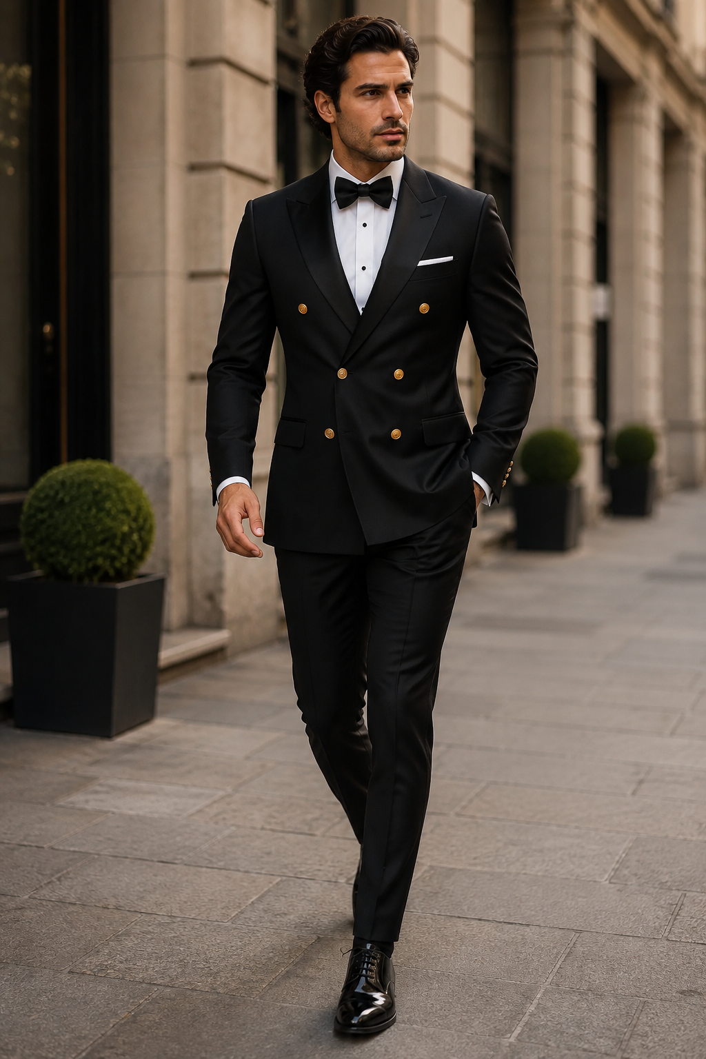 Men’s Black Double-Breasted Tuxedo – Classic Shawl Lapel Suit with Gold Buttons for Weddings, Galas, and Black Tie Events