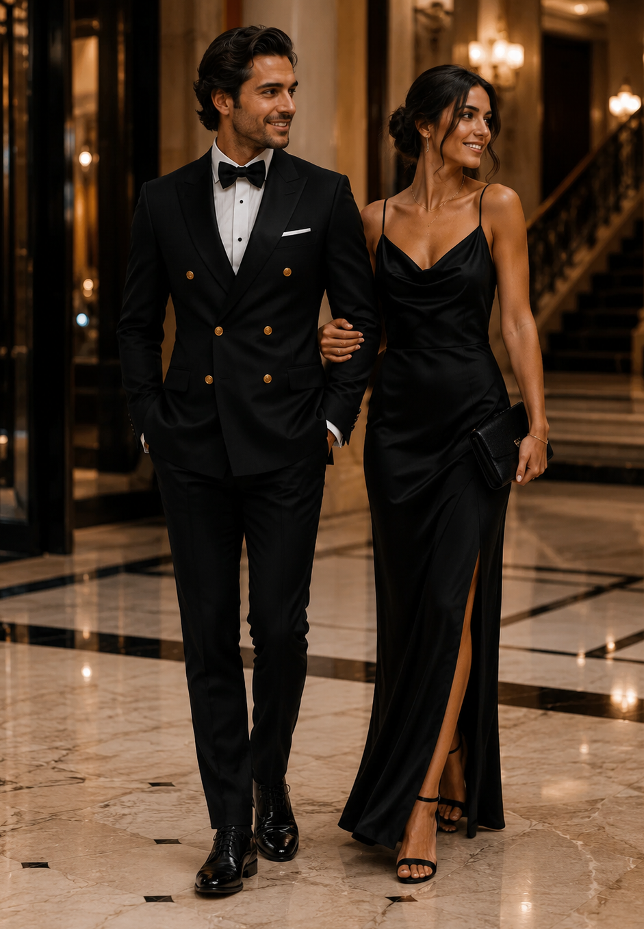 Men’s Black Double-Breasted Tuxedo – Classic Shawl Lapel Suit with Gold Buttons for Weddings, Galas, and Black Tie Events