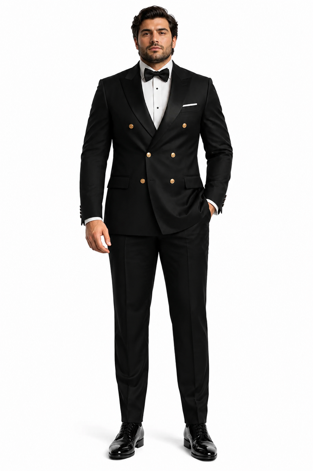 Men’s Black Double-Breasted Tuxedo – Classic Shawl Lapel Suit with Gold Buttons for Weddings, Galas, and Black Tie Events