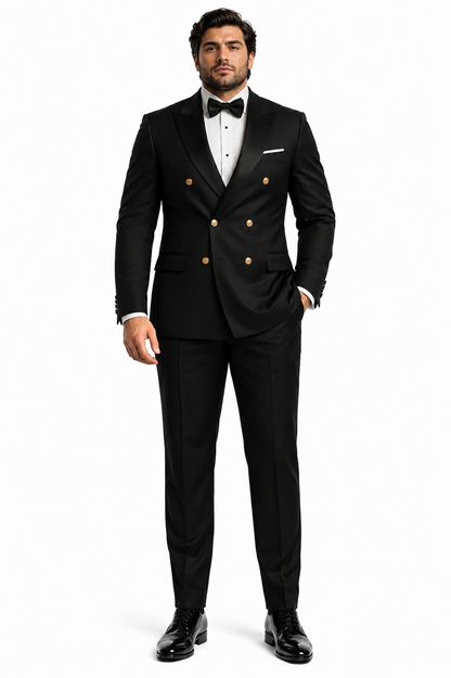 Men’s Black Double-Breasted Tuxedo – Classic Shawl Lapel Suit with Gold Buttons for Weddings, Galas, and Black Tie Events