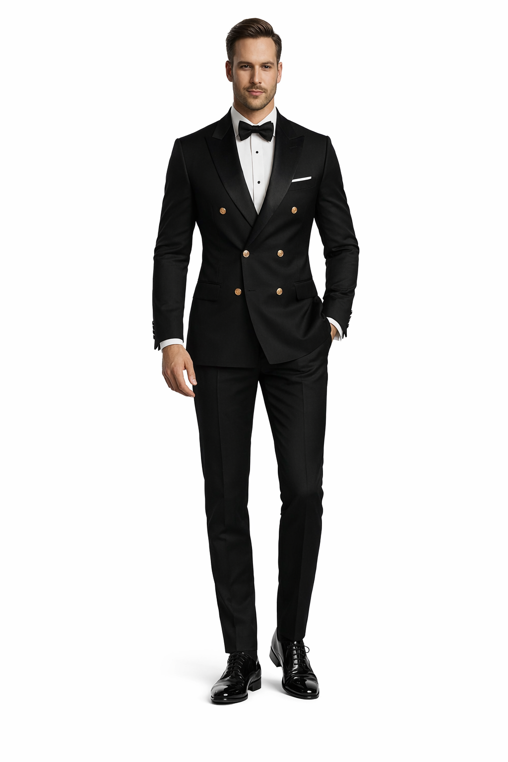 Men’s Black Double-Breasted Tuxedo – Classic Shawl Lapel Suit with Gold Buttons for Weddings, Galas, and Black Tie Events