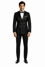 Men’s Black Double-Breasted Tuxedo – Classic Shawl Lapel Suit with Gold Buttons for Weddings, Galas, and Black Tie Events