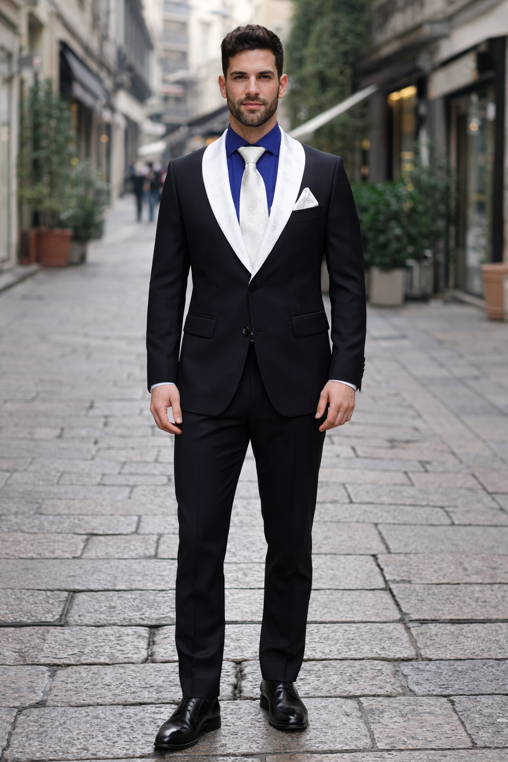 Men’s Black Blazer Suit with White & Sky Blue Lapel – Elegant Wedding Style