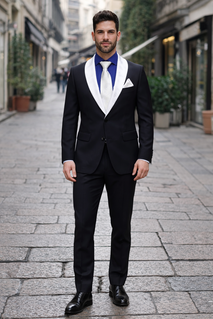 Men’s Black Blazer Suit with White & Sky Blue Lapel – Elegant Wedding Style