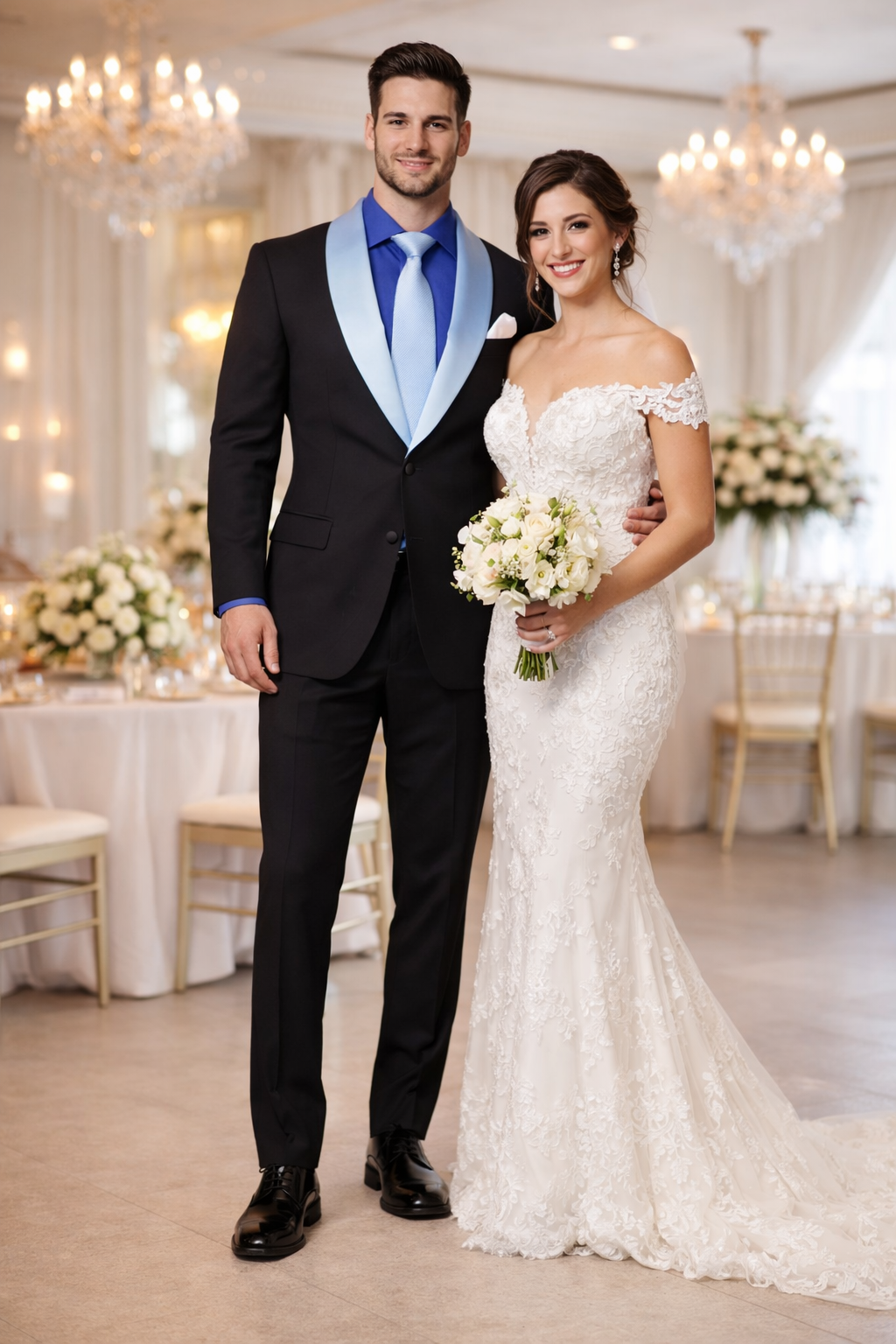 Men’s Black Blazer Suit with White & Sky Blue Lapel – Elegant Wedding Style