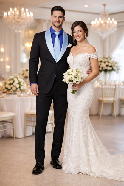 Men’s Black Blazer Suit with White & Sky Blue Lapel – Elegant Wedding Style