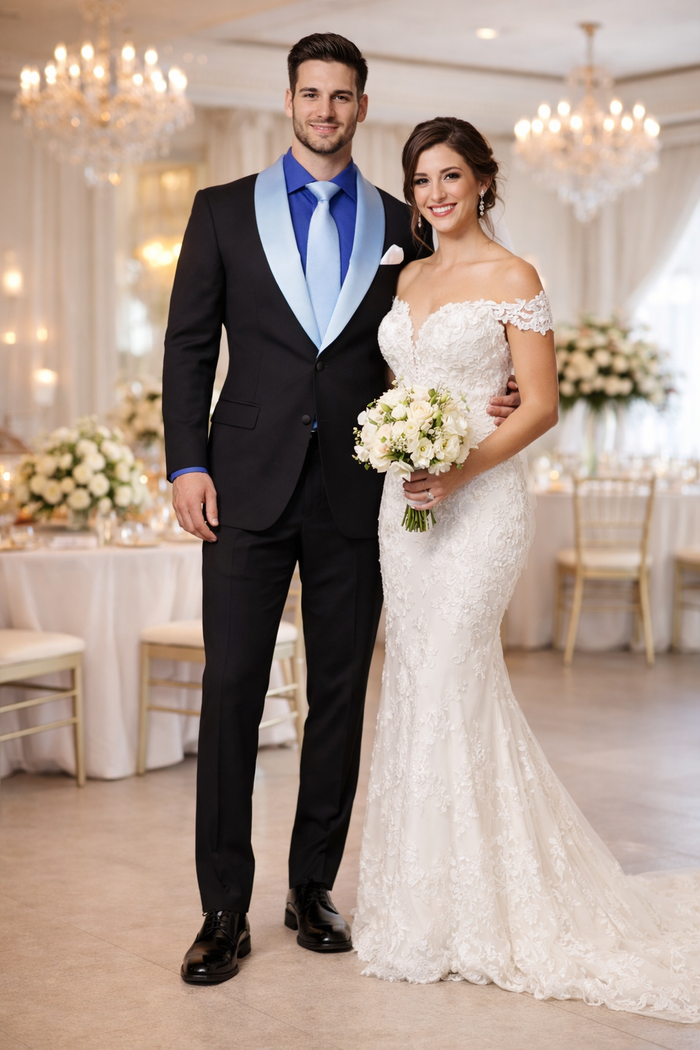Men’s Black Blazer Suit with White & Sky Blue Lapel – Elegant Wedding Style