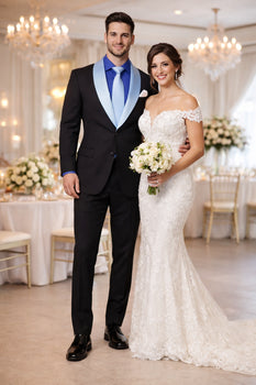 Men’s Black Blazer Suit with White & Sky Blue Lapel – Elegant Wedding Style