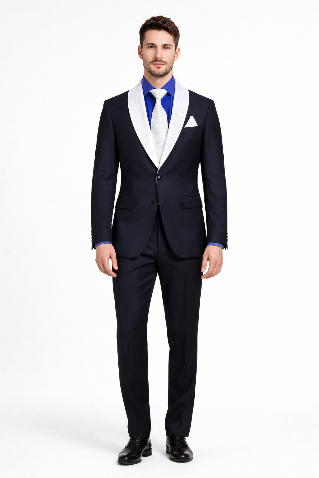 Men’s Black Blazer Suit with White & Sky Blue Lapel – Elegant Wedding Style