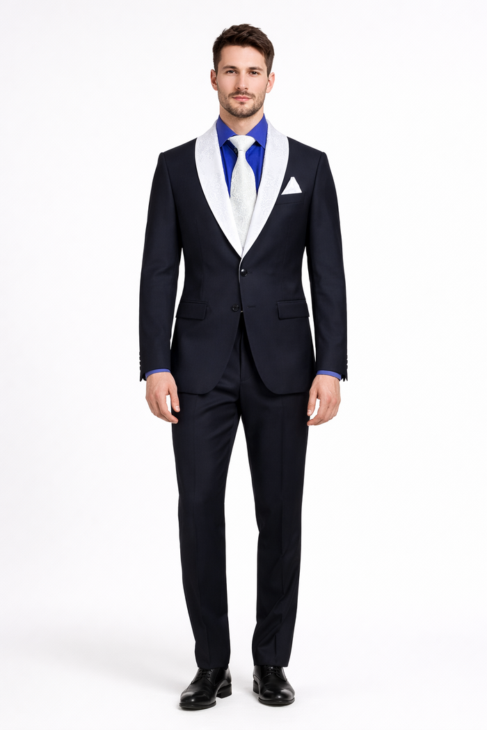 Men’s Black Blazer Suit with White & Sky Blue Lapel – Elegant Wedding Style