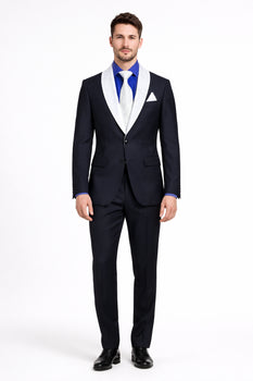 Men’s Black Blazer Suit with White & Sky Blue Lapel – Elegant Wedding Style