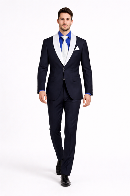 Men’s Black Blazer Suit with White & Sky Blue Lapel – Elegant Wedding Style