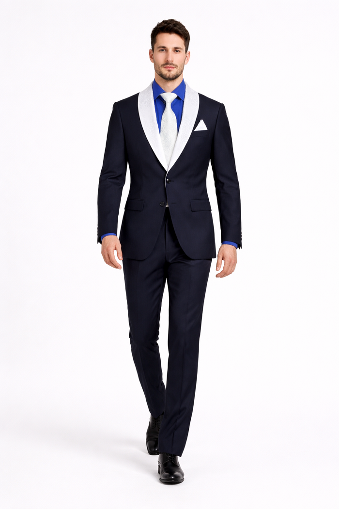 Men’s Black Blazer Suit with White & Sky Blue Lapel – Elegant Wedding Style