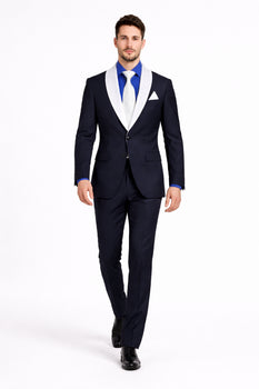 Men’s Black Blazer Suit with White & Sky Blue Lapel – Elegant Wedding Style