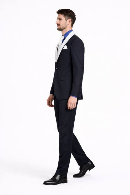 Men’s Black Blazer Suit with White & Sky Blue Lapel – Elegant Wedding Style