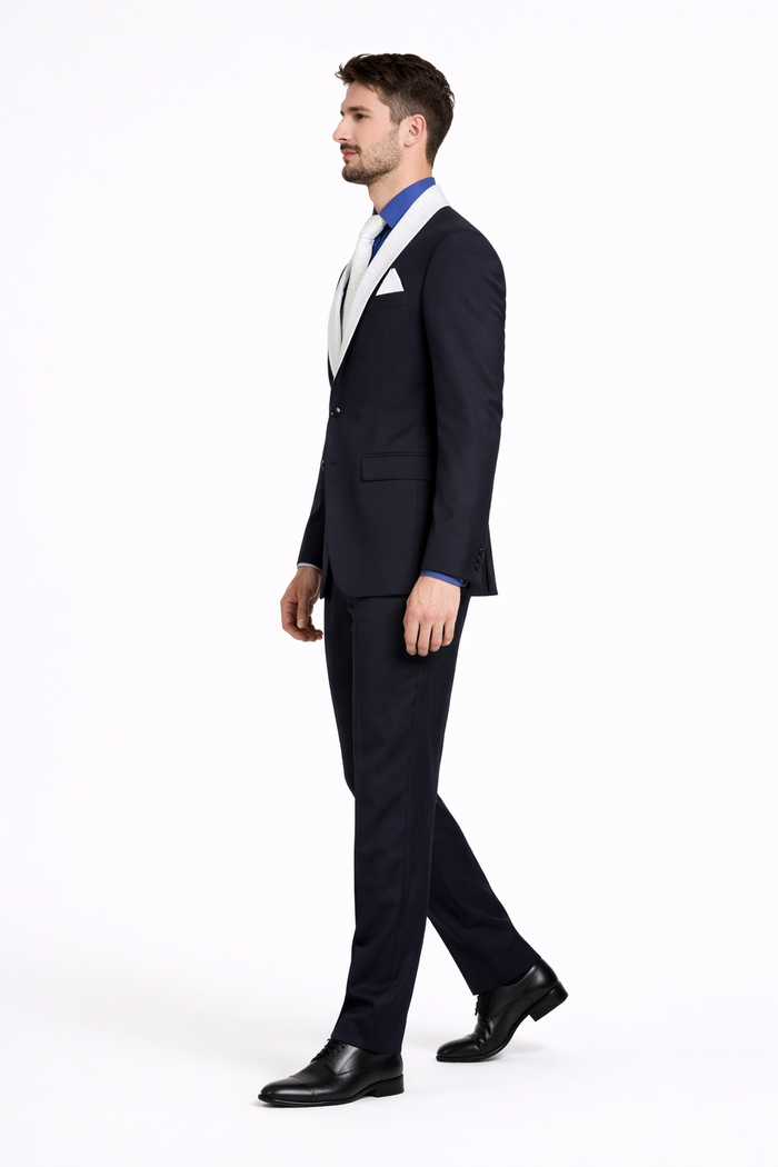 Men’s Black Blazer Suit with White & Sky Blue Lapel – Elegant Wedding Style