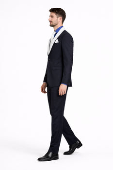 Men’s Black Blazer Suit with White & Sky Blue Lapel – Elegant Wedding Style