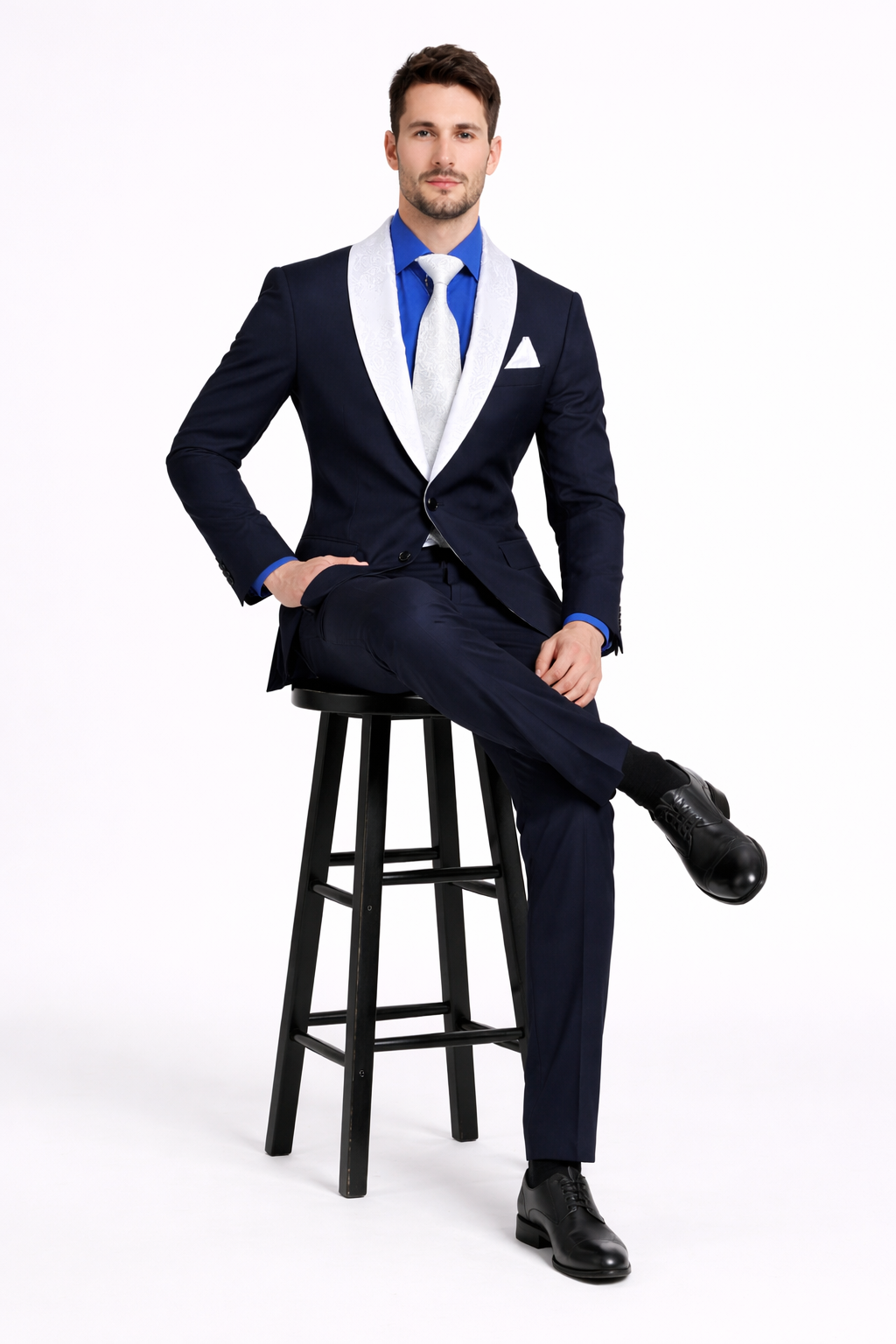 Men’s Black Blazer Suit with White & Sky Blue Lapel – Elegant Wedding Style