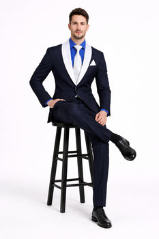 Men’s Black Blazer Suit with White & Sky Blue Lapel – Elegant Wedding Style