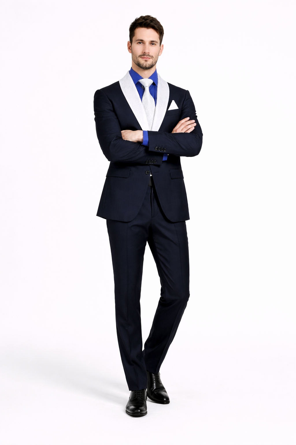 Men’s Black Blazer Suit with White & Sky Blue Lapel – Elegant Wedding Style