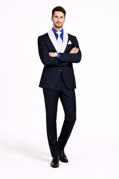 Men’s Black Blazer Suit with White & Sky Blue Lapel – Elegant Wedding Style